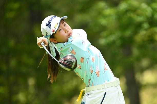 Nana Suganuma of Japan hits her tee shot on the 4th hole during the second round of the Ai Miyazato Suntory Ladies Open at Rokko Kokusai Golf Club on...