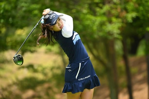 Yui Kawamoto of Japan hits her tee shot on the 4th hole during the second round of the Ai Miyazato Suntory Ladies Open at Rokko Kokusai Golf Club on...