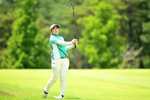 Mao Saigo of Japan hits her third shot on the 4th hole during the second round of the Ai Miyazato Suntory Ladies Open at Rokko Kokusai Golf Club on...