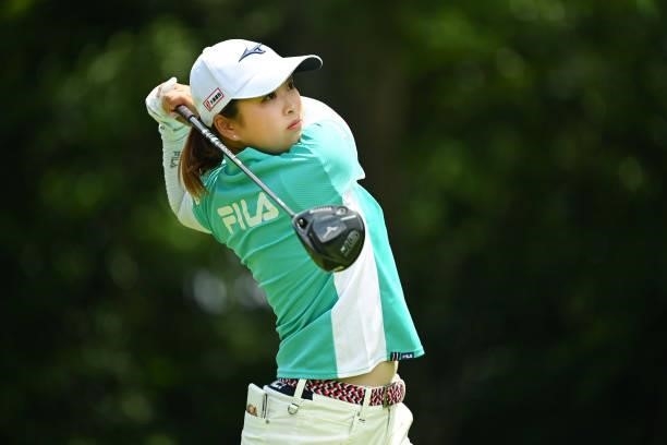 Mao Saigo of Japan hits her tee shot on the 5th hole during the second round of the Ai Miyazato Suntory Ladies Open at Rokko Kokusai Golf Club on...