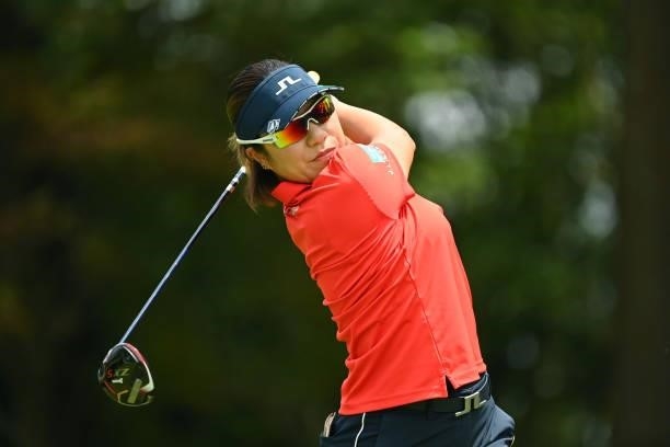 Eri Okayama of Japan hits her tee shot on the 5th hole during the second round of the Ai Miyazato Suntory Ladies Open at Rokko Kokusai Golf Club on...