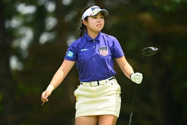 Miyuu Yamashita of Japan reacts after her tee shot on the 5th hole during the second round of the Ai Miyazato Suntory Ladies Open at Rokko Kokusai...