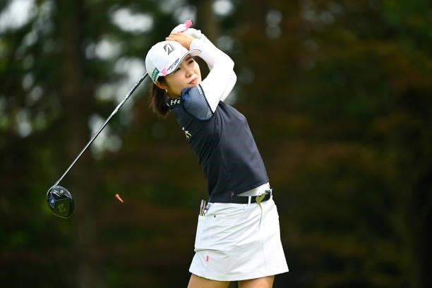 Ayaka Furue of Japan hits her tee shot on the 5th hole during the second round of the Ai Miyazato Suntory Ladies Open at Rokko Kokusai Golf Club on...