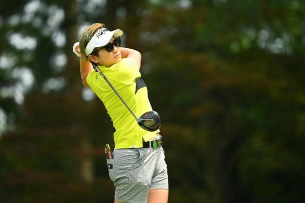 Misuzu Narita of Japan hits her tee shot on the 5th hole during the second round of the Ai Miyazato Suntory Ladies Open at Rokko Kokusai Golf Club on...