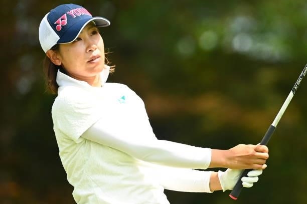 Maiko Wakabayashi of Japan hits her tee shot on the 5th hole during the second round of the Ai Miyazato Suntory Ladies Open at Rokko Kokusai Golf...