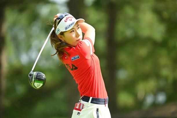 Ayako Kimura of Japan hits her tee shot on the 1st hole during the second round of the Ai Miyazato Suntory Ladies Open at Rokko Kokusai Golf Club on...
