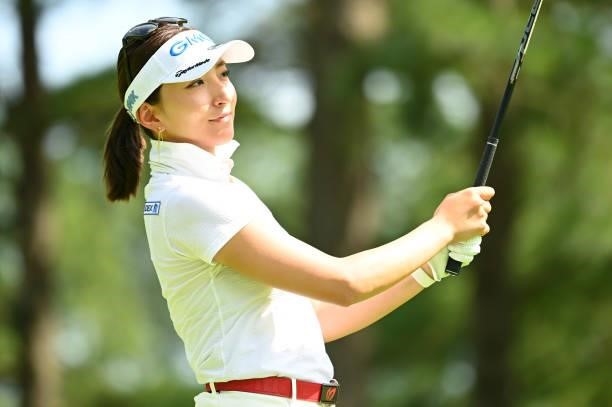Hana Wakimoto of Japan hits her tee shot on the 1st hole during the second round of the Ai Miyazato Suntory Ladies Open at Rokko Kokusai Golf Club on...