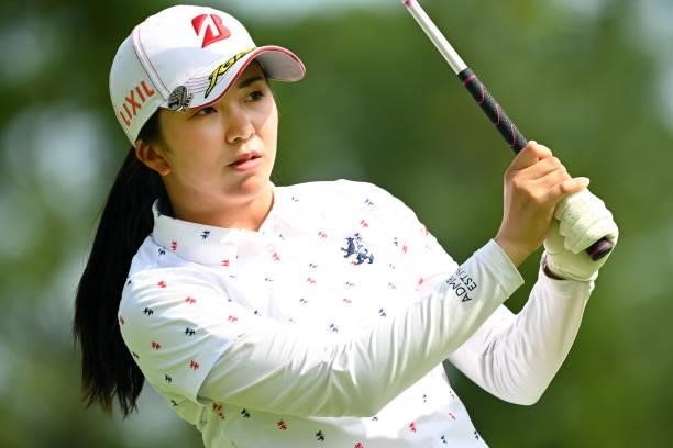 Kotone Hori of Japan hits her tee shot on the 1st hole during the second round of the Ai Miyazato Suntory Ladies Open at Rokko Kokusai Golf Club on...