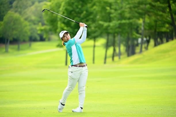 Mao Saigo of Japan hits her third shot on the 17th hole during the second round of the Ai Miyazato Suntory Ladies Open at Rokko Kokusai Golf Club on...