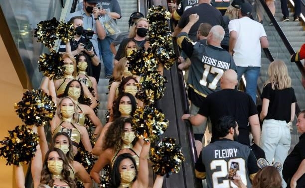 Members of the Vegas Golden Knights Vegas Vivas! cheerleaders participate in The March to the Fortress before Game Six of the Second Round of the...