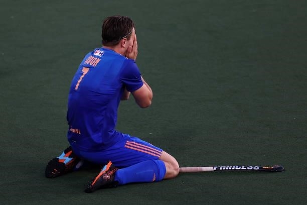 Jorrit Croon of Netherlands celebrates scoring the winning goal in the penalty shoot out during the Euro Hockey Championships Mens Semi Final match...