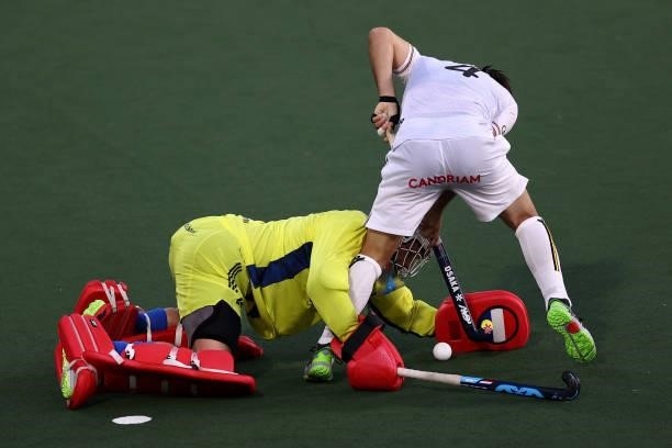Goalkeeper, Pirmin Blaak of Netherlands battles for the ball with Arthur Van Doren of Belgium in the penalty shoot out during the Euro Hockey...