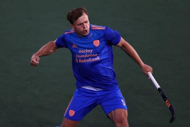 Thijs van Dam of Netherlands celebrates scoring a goal in the penalty shoot out during the Euro Hockey Championships Mens Semi Final match between...
