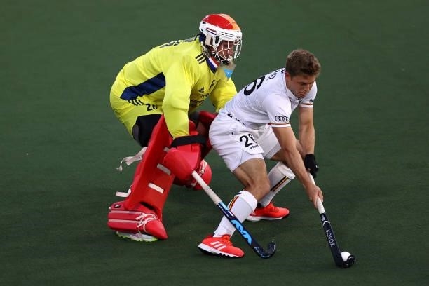 Goalkeeper, Pirmin Blaak of Netherlands battles for the ball with Victor Wegnez of Belgium in the penalty shoot out during the Euro Hockey...