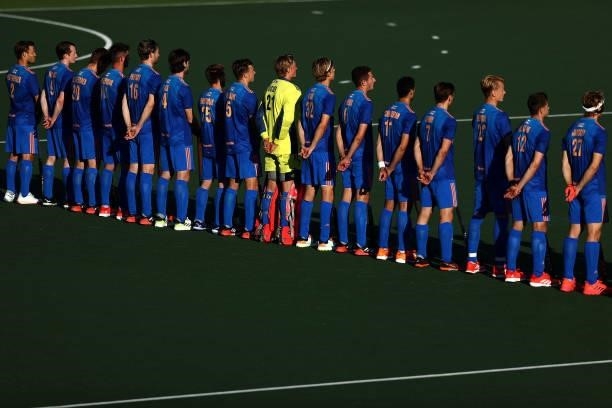 The team of Netherlands stand for the national anthem prior to the Euro Hockey Championships Mens Semi Final match between Netherlands and Belgium at...