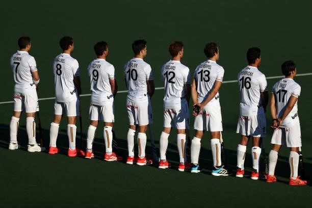 The team of Belgium stand for the national anthem prior to the Euro Hockey Championships Mens Semi Final match between Netherlands and Belgium at...