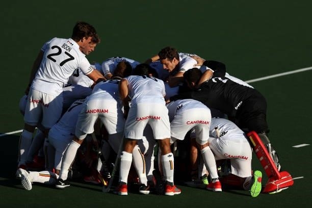 The team of Belgium huddle and speak prior to the Euro Hockey Championships Mens Semi Final match between Netherlands and Belgium at Wagener Stadion...