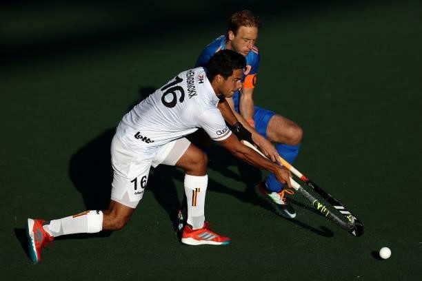 Alexander Hendrickx of Belgium battles for the ball with Billy Bakker of Netherlands during the Euro Hockey Championships Mens Semi Final match...