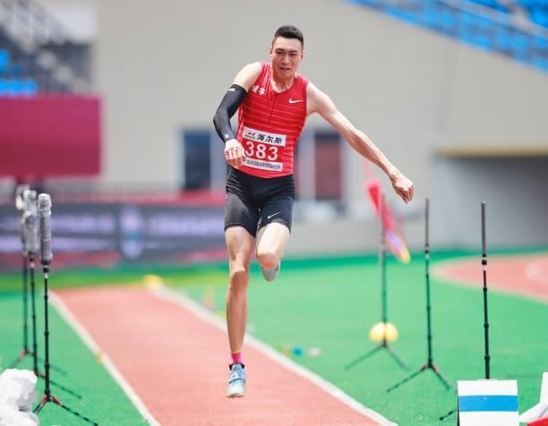 Zhu Yaming of Liaoning competes in the Men's Triple Jump Final on day one of 2021 Chinese National Athletics Championships & Tokyo Olympic Trials at...