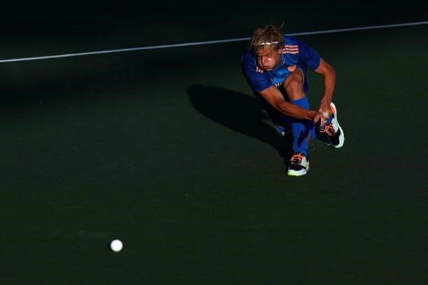 Justen Blok of Netherlands in action during the Euro Hockey Championships Mens Semi Final match between Netherlands and Belgium at Wagener Stadion on...