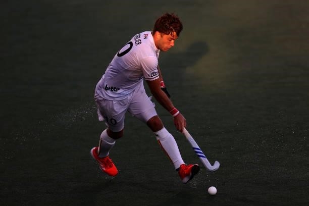 Cedric Charlier of Belgium in action during the Euro Hockey Championships Mens Semi Final match between Netherlands and Belgium at Wagener Stadion on...