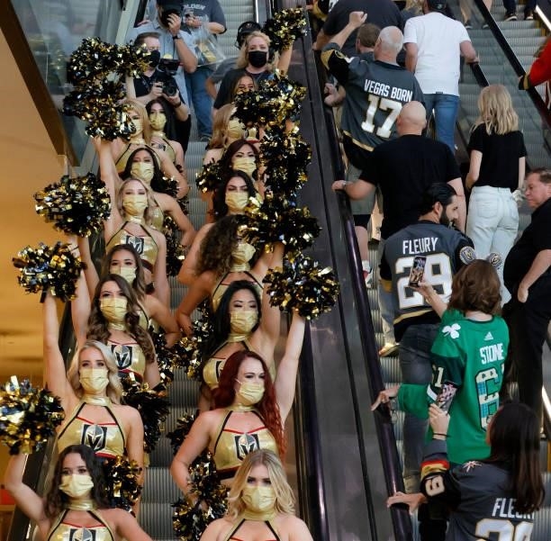 Members of the Vegas Golden Knights Vegas Vivas! cheerleaders participate in The March to the Fortress before Game Six of the Second Round of the...
