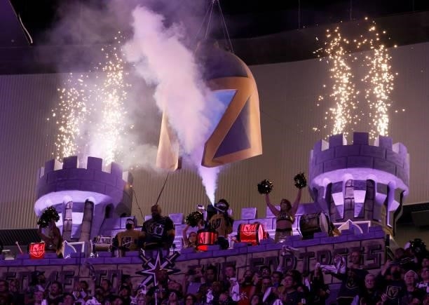 Pyrotechnics shoot from the Castle before Game Six of the Second Round of the 2021 Stanley Cup Playoffs between the Colorado Avalanche and the Vegas...