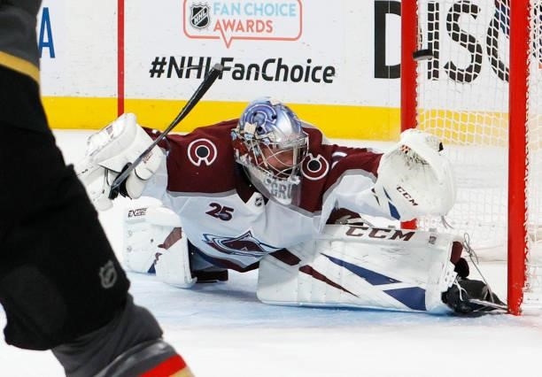 Alex Pietrangelo of the Vegas Golden Knights scores a second-period goal against Philipp Grubauer of the Colorado Avalanche in Game Six of the Second...