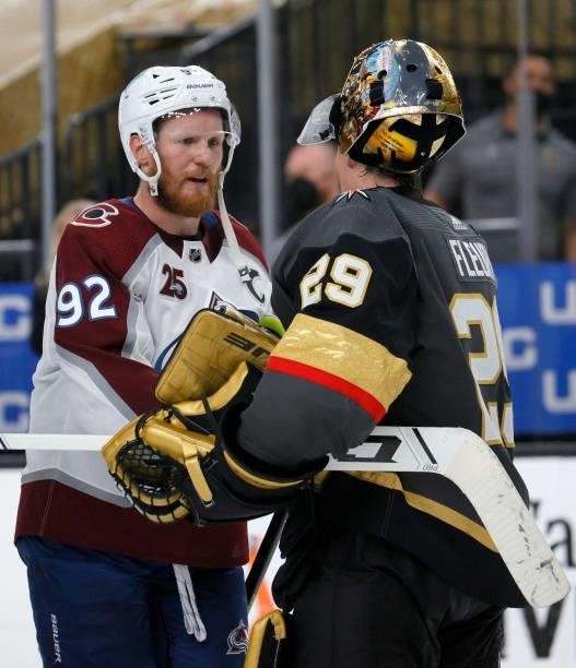 Gabriel Landeskog of the Colorado Avalanche shakes hands with Marc-Andre Fleury of the Vegas Golden Knights after the Golden Knights defeated the...