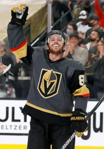 Jonathan Marchessault of the Vegas Golden Knights celebrates the team's 6-3 victory over the Colorado Avalanche to win Game Six of the Second Round...