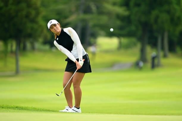 Ayaka Watanabe of Japan chips onto the 17th green during the second round of the Ai Miyazato Suntory Ladies Open at Rokko Kokusai Golf Club on June...