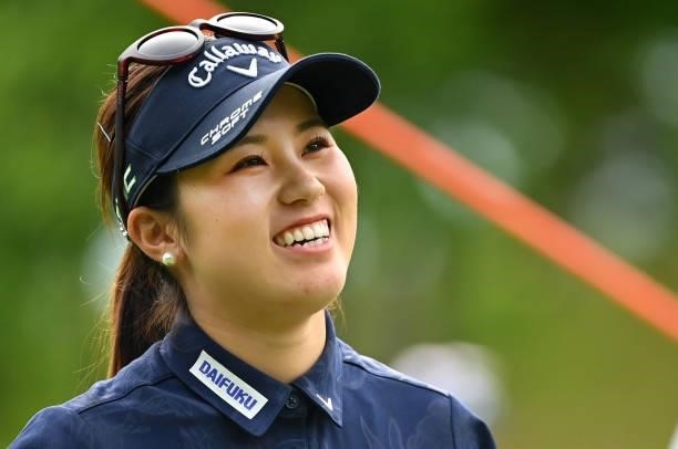 Yuna Nishimura of Japan smiles during the second round of the Ai Miyazato Suntory Ladies Open at Rokko Kokusai Golf Club on June 11, 2021 in Kobe,...