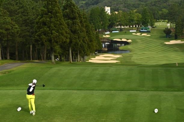 Mamiko Higa of Japan hits her tee shot on the 18th hole during the second round of the Ai Miyazato Suntory Ladies Open at Rokko Kokusai Golf Club on...