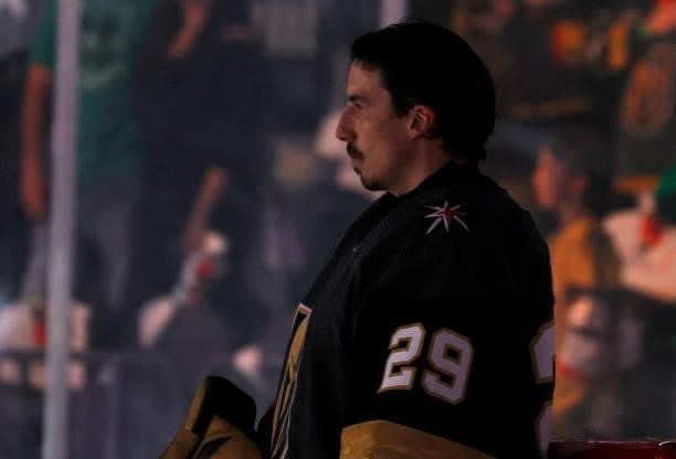 Marc-Andre Fleury of the Vegas Golden Knights stands in his crease as the American national anthem is performed before Game Six of the Second Round...