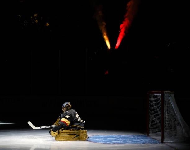 Marc-Andre Fleury of the Vegas Golden Knights is introduced before Game Six of the Second Round of the 2021 Stanley Cup Playoffs at T-Mobile Arena on...