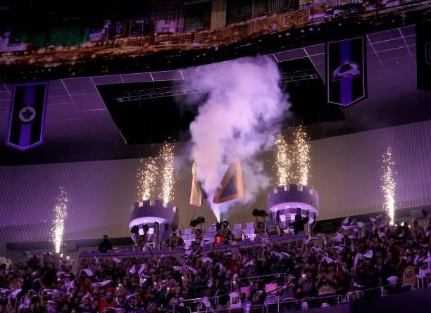 Pyrotechnics shoot from the Castle before Game Six of the Second Round of the 2021 Stanley Cup Playoffs between the Colorado Avalanche and the Vegas...
