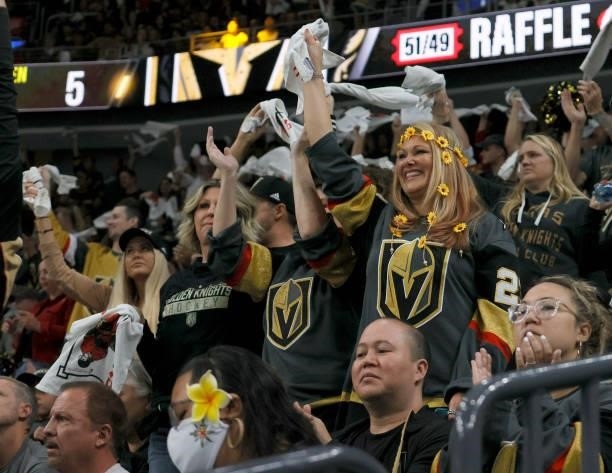 Vegas Golden Knights fans cheer in the third period in Game Six of the Second Round of the 2021 Stanley Cup Playoffs between the Colorado Avalanche...