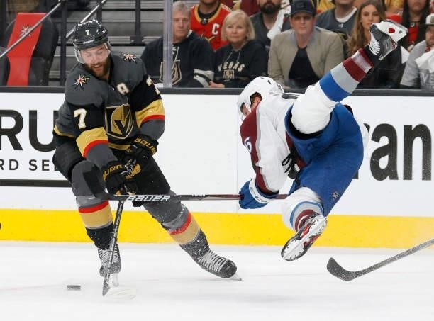 Mikko Rantanen of the Colorado Avalanche tries to steal the puck from Alex Pietrangelo of the Vegas Golden Knights in the first period in Game Six of...