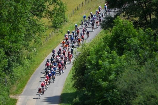 The Peloton during the 45th La Route d'Occitanie - La Depeche Du Midi 2021, Stage 2 a 198,7km stage from Villefranche-de-Rouergue to Auch 174m /...