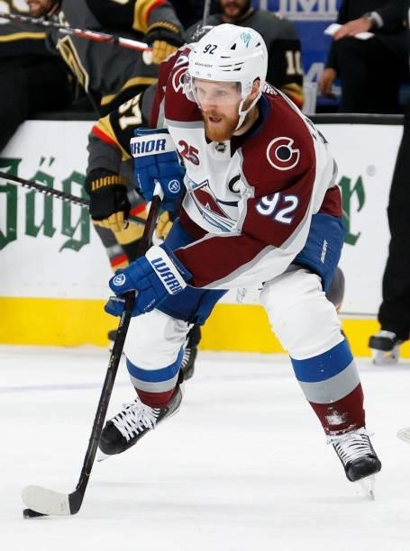 Gabriel Landeskog of the Colorado Avalanche skates with the puck against the Vegas Golden Knights in the first period in Game Six of the Second Round...
