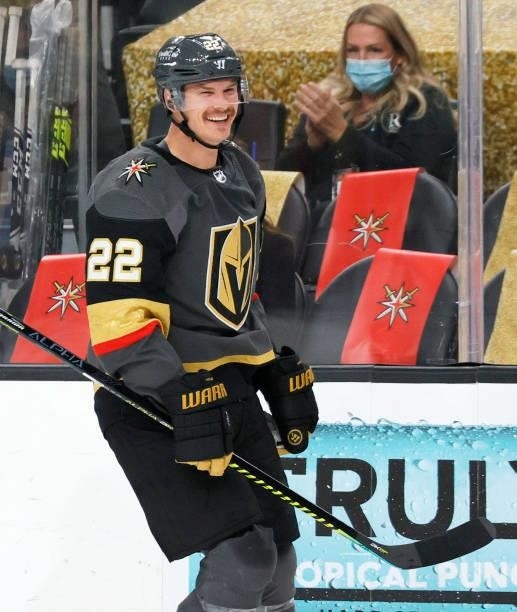 Nick Holden of the Vegas Golden Knights smiles after scoring a first-period goal against the Colorado Avalanche in Game Six of the Second Round of...
