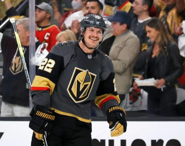 Nick Holden of the Vegas Golden Knights smiles after scoring a first-period goal against the Colorado Avalanche in Game Six of the Second Round of...