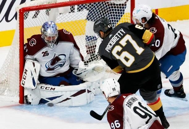 Philipp Grubauer of the Colorado Avalanche blocks a shot by Max Pacioretty of the Vegas Golden Knights in the first period in Game Six of the Second...