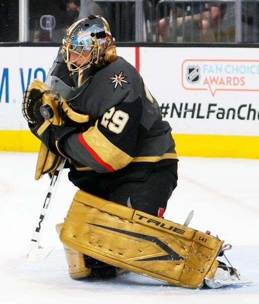 Marc-Andre Fleury of the Vegas Golden Knights makes a save against the Colorado Avalanche in the first period in Game Six of the Second Round of the...