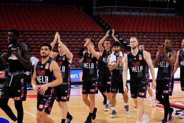 United players applaud the crowd after their win during game one of the NBL Semi-Final Series between Melbourne United and the South East Melbourne...