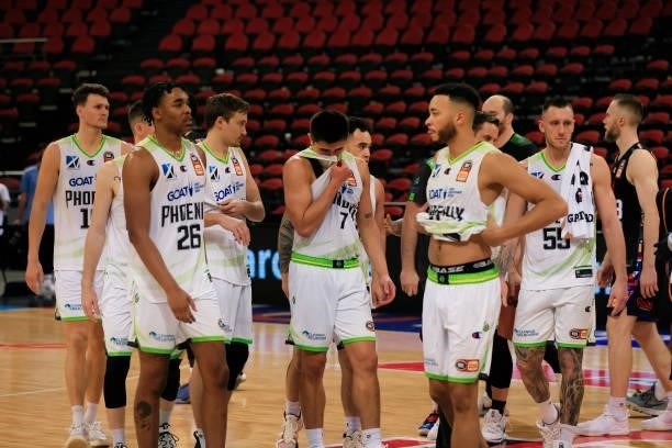 Phoenix players walk off after their loss during game one of the NBL Semi-Final Series between Melbourne United and the South East Melbourne Phoenix...