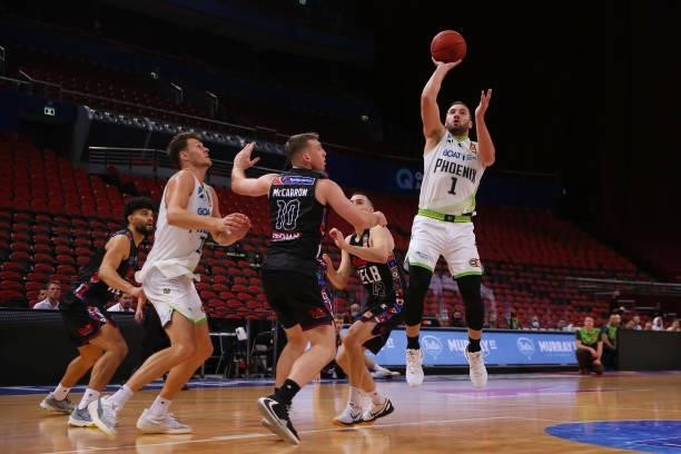 Adam Gibson of the Phoenix shoots during game one of the NBL Semi-Final Series between Melbourne United and the South East Melbourne Phoenix at Qudos...