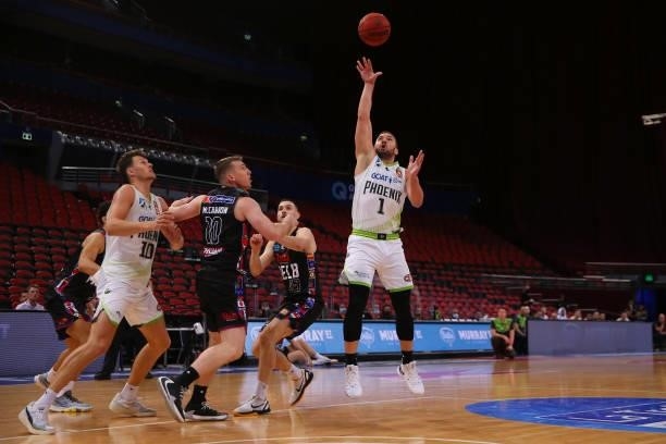 Adam Gibson of the Phoenix shoots during game one of the NBL Semi-Final Series between Melbourne United and the South East Melbourne Phoenix at Qudos...