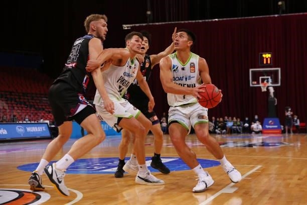 Reuben Te Rangi of the Phoenix drives to the basket during game one of the NBL Semi-Final Series between Melbourne United and the South East...