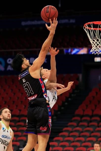 Shea Ili of United drives to the basket during game one of the NBL Semi-Final Series between Melbourne United and the South East Melbourne Phoenix at...